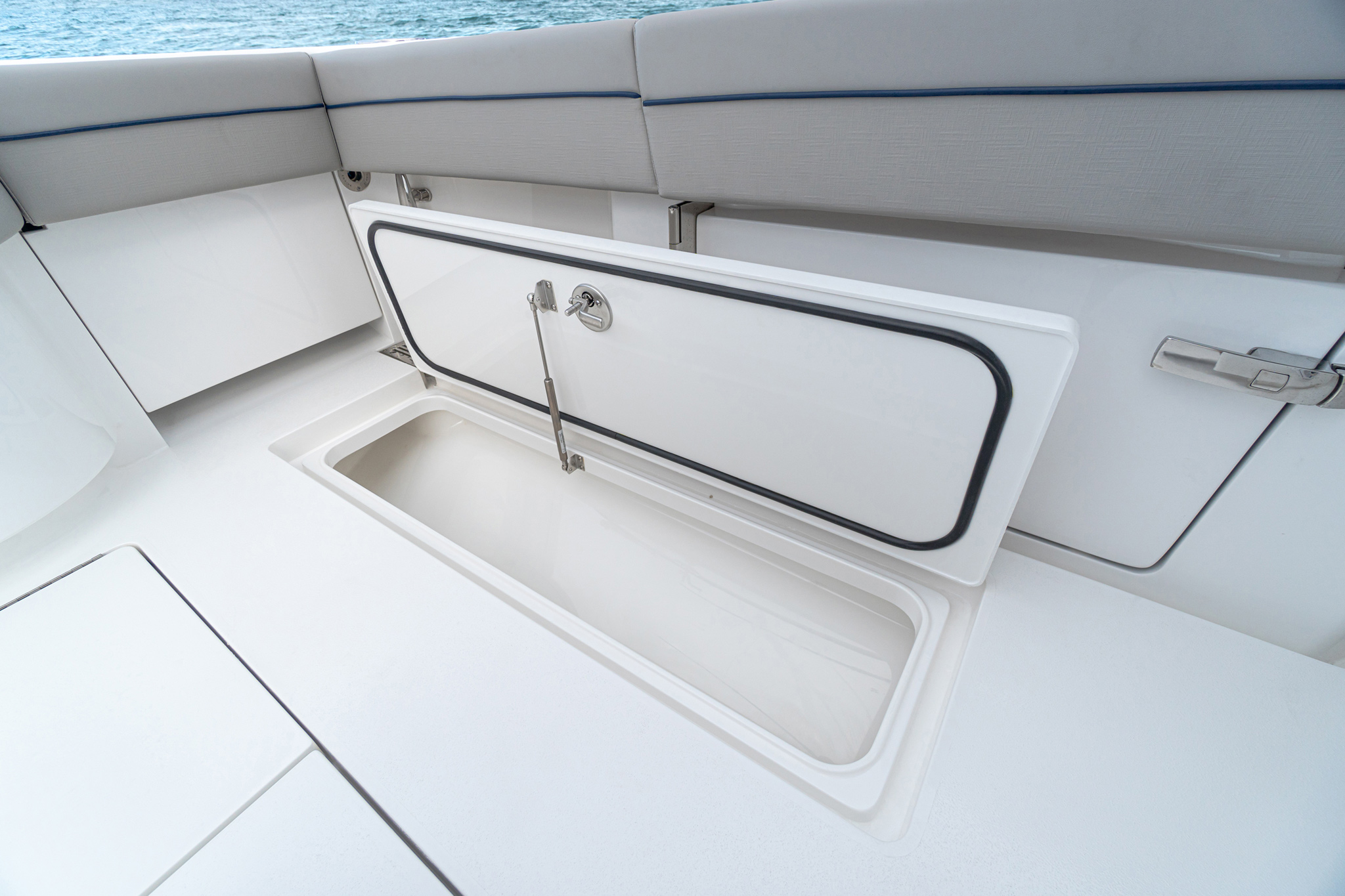 Port and starboard cockpit fish boxes plumbed to Whale Gulper pump in lazarette.