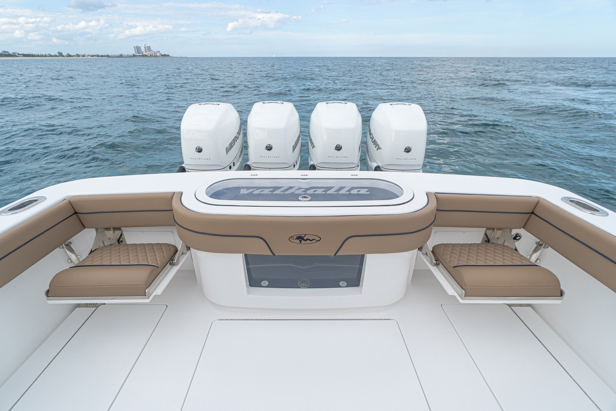 Fish/cruise flexibility with GG Schmitt transom seats, clear lid and front window on transom live well.